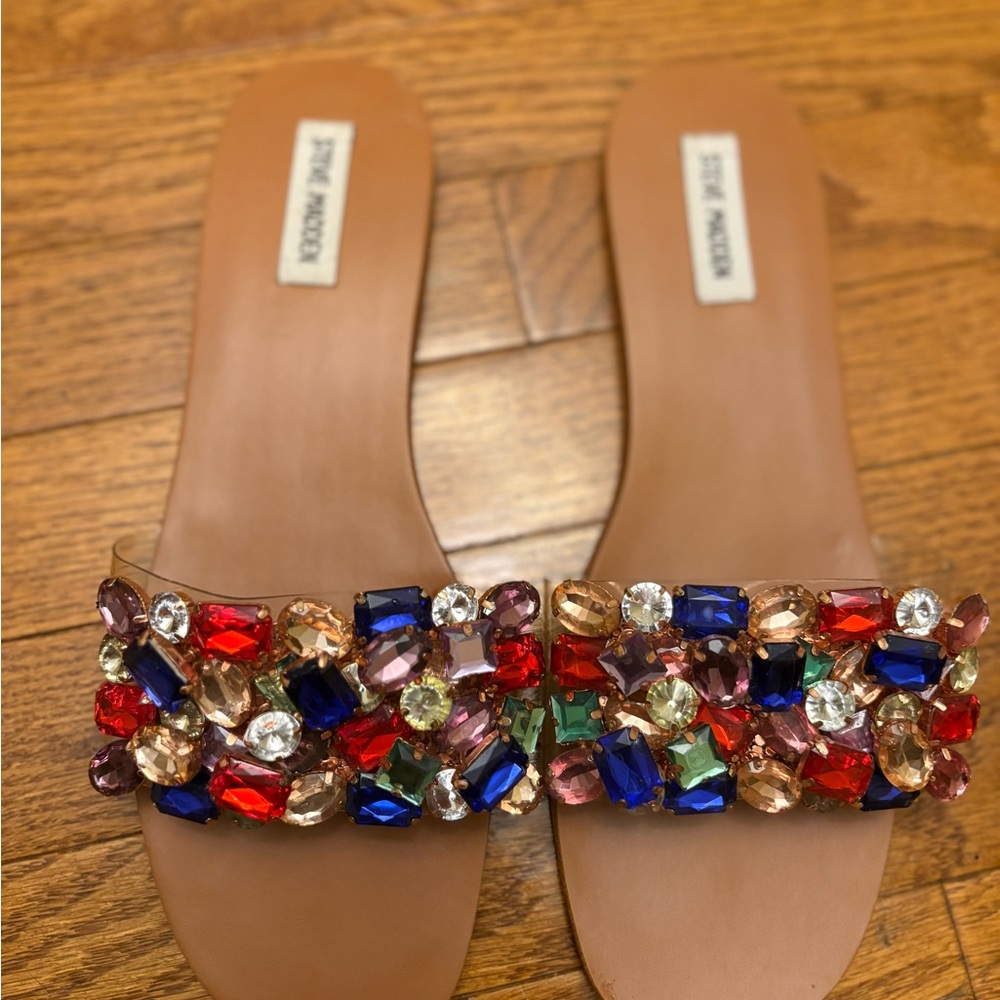 Steve Madden Tan Sandals with Colorful Embellishments